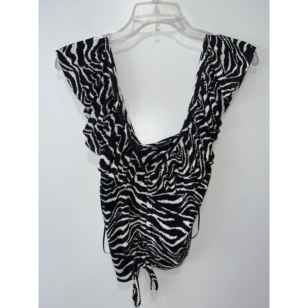 Zara Womens Zebra Print Ruched Ruffle Sleeve Top S Black &‎ White Polyester NWT